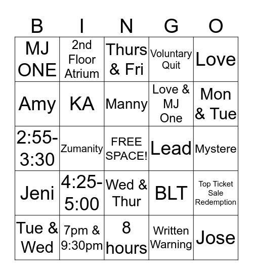 Cirque du Soleil Bingo Card