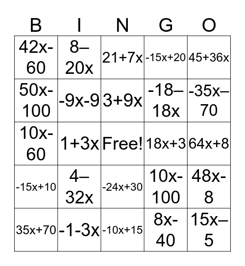 Distributive Property Bingo Card