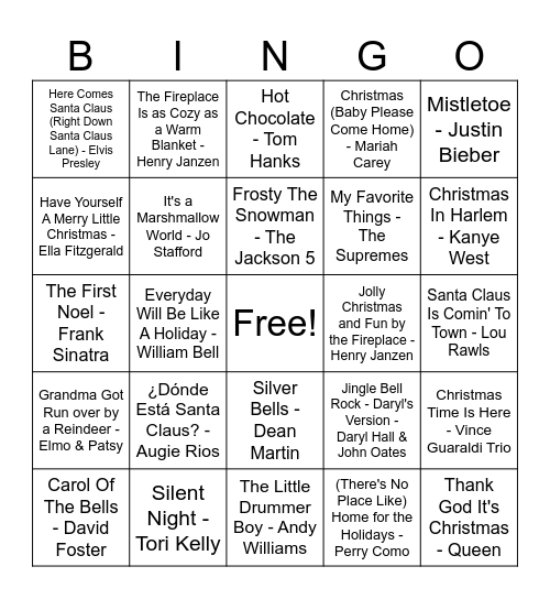 Best Christmas Music Bingo Card