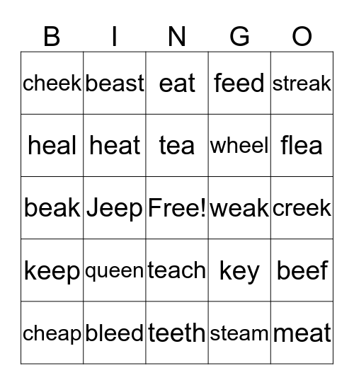 Long E Bingo Card