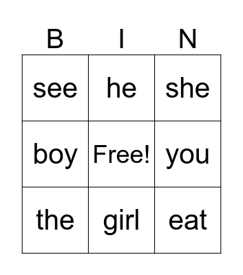 Sight words Bingo Card