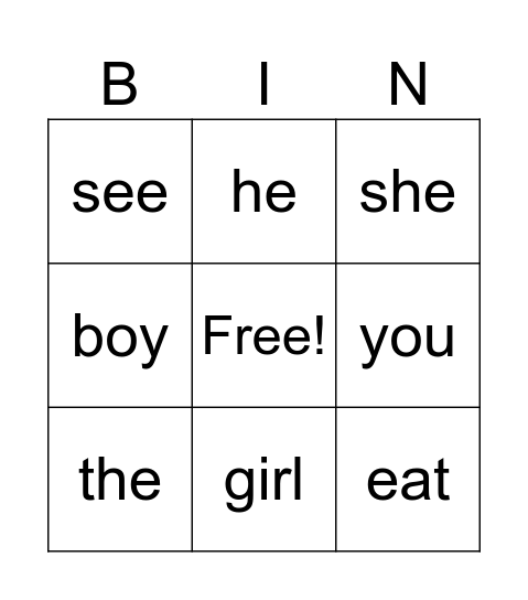 Sight words Bingo Card