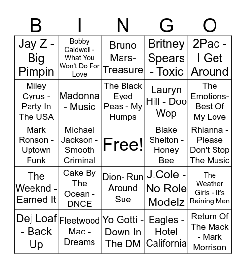 Musical Bingo Card