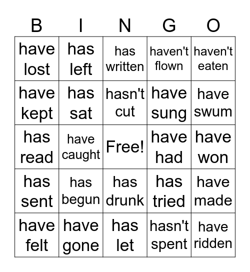 Bingo for present perfect tense! Bingo Card