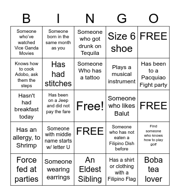 Filipino Human Bingo Card