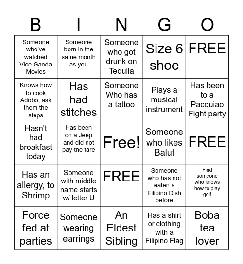 Filipino Human Bingo Card