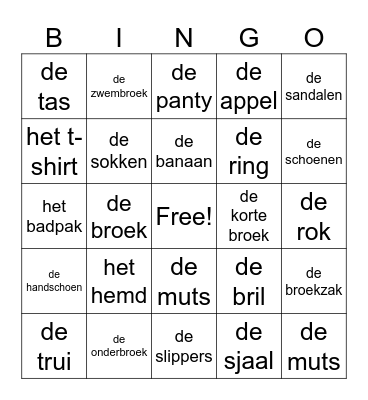 Kleding Bingo Card