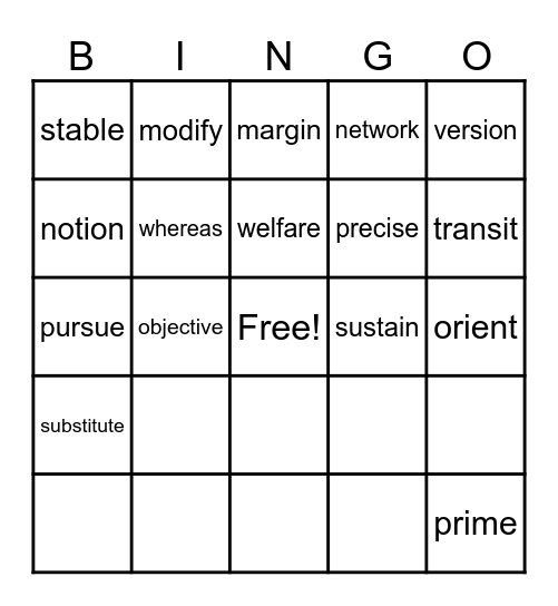 AV Sublist 5 Set 4-5-6 Bingo Card