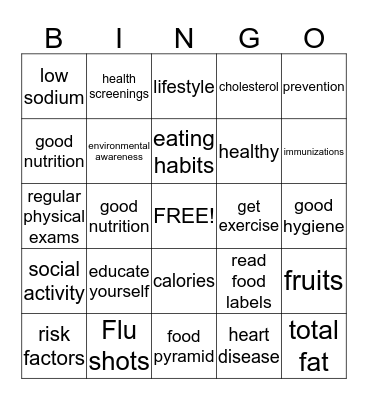 Healthy Living Bingo Card