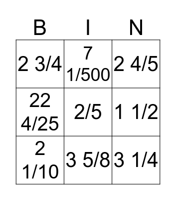 DECIMAL TO FRACTION Bingo Card