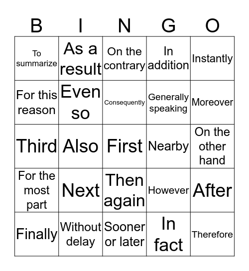 Transitions BINGO! Bingo Card
