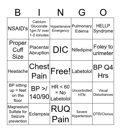 Hypertension Bingo Card