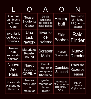 LOAon Winter 2023 Bingo Card