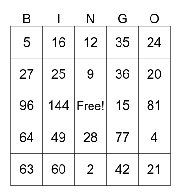 Multiplication Bingo Card