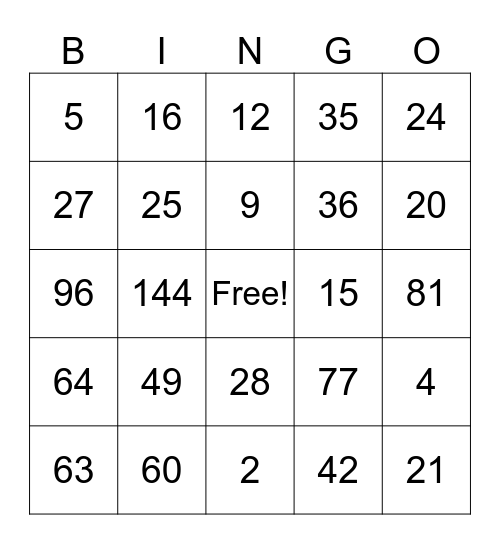 Multiplication Bingo Card