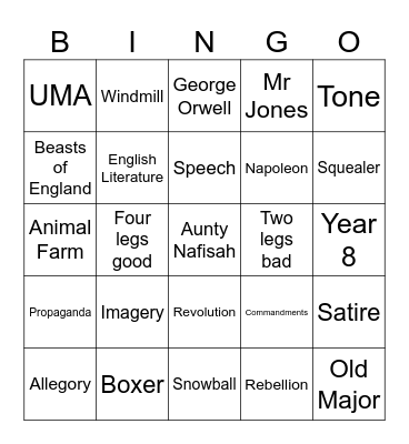 Animal Farm Bingo Card