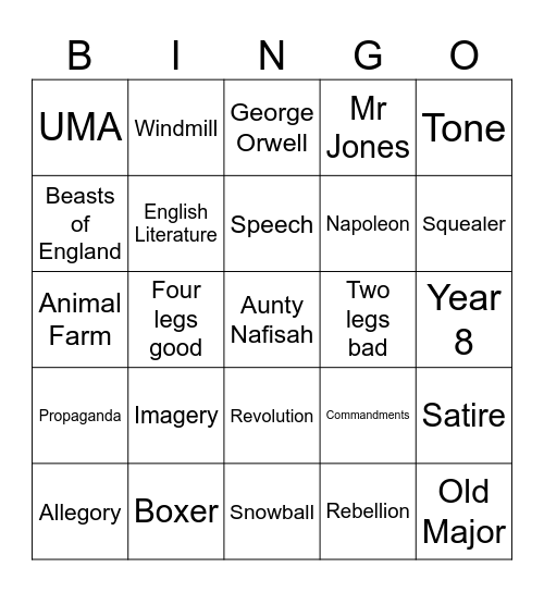 Animal Farm Bingo Card