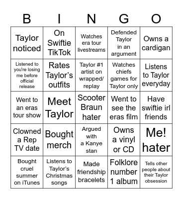 Swiftie Stan Twt Bingo Card