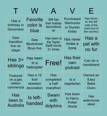 Third Wave Holiday Party Bingo Card