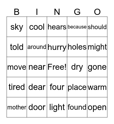 Theme 5 High frequency words Bingo Card