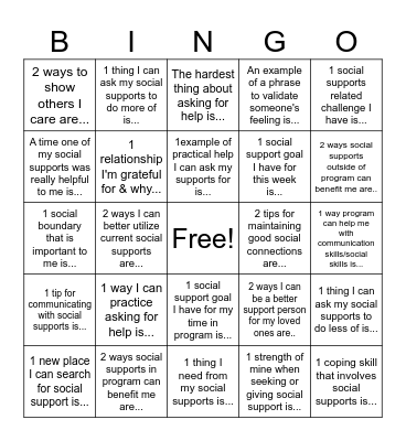 Social Support Bingo Card