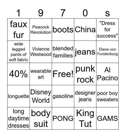 That 70's Bingo Card