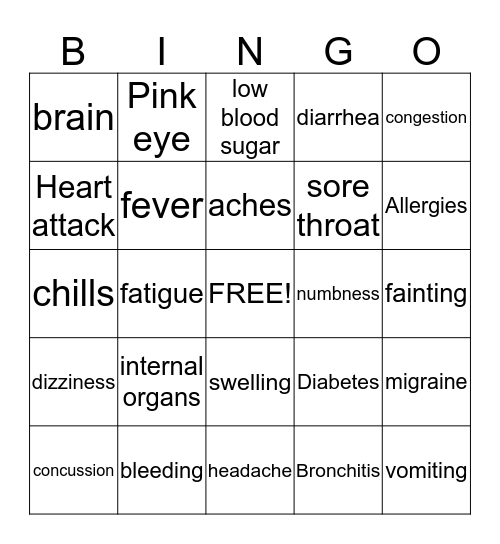 Aches & Pains Bingo Card