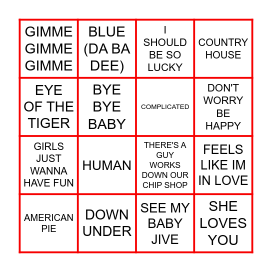 Top Of The Pops Bingo Card