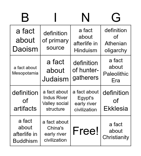 Early Civilization Bingo Card