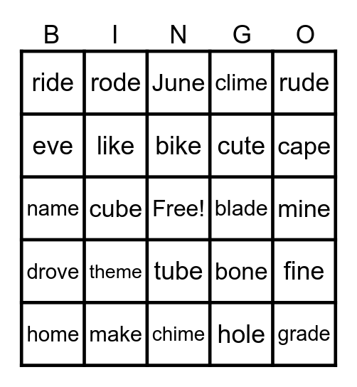 Long Vowel Bingo Card