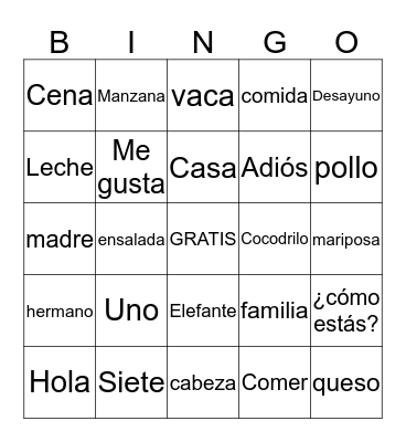 Spanish Class Bingo! Bingo Card