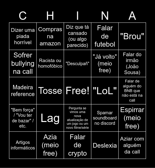 China Bingo Card