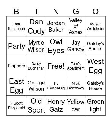 Great Gatsby Bingo Card