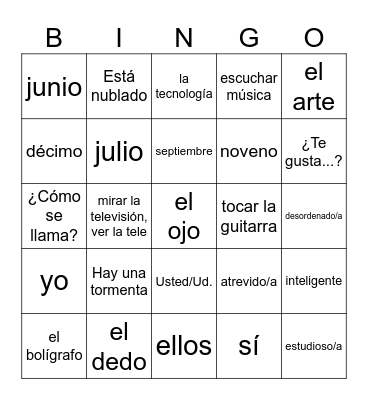 Spanish 1 Midterm Vocab Review Bingo Card