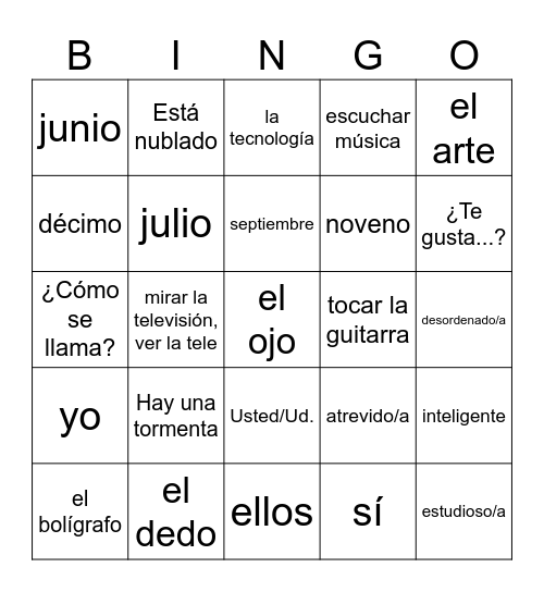 Spanish 1 Midterm Vocab Review Bingo Card