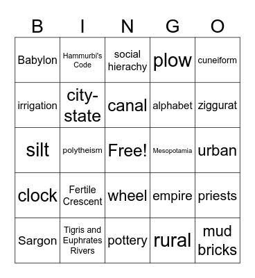 Mesopotamia Bingo Card