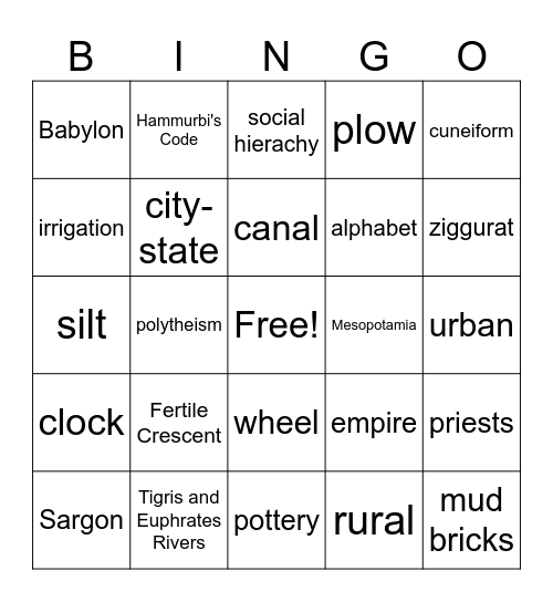 Mesopotamia Bingo Card
