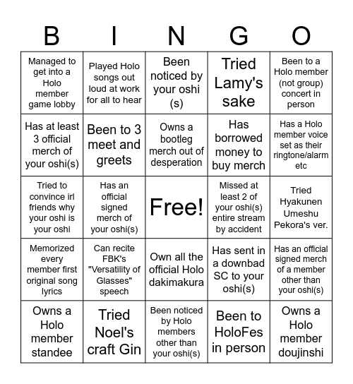 Holo Fan Bingo Card