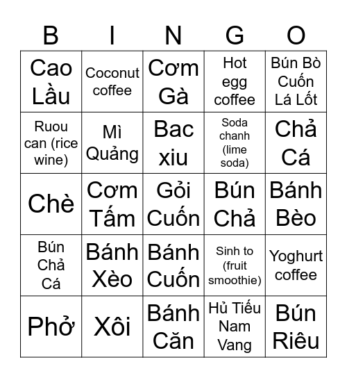 Vietnamese Food and Drink Bingo Card