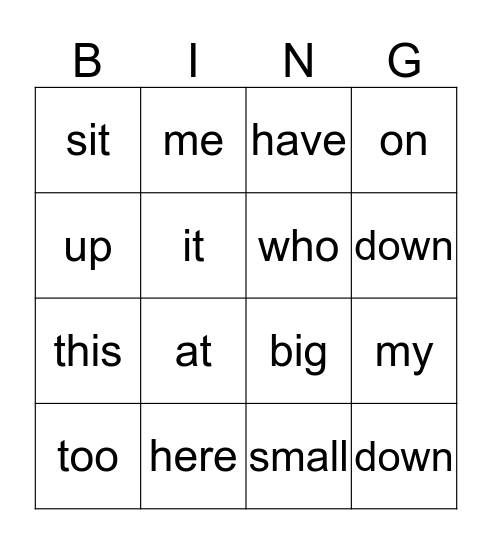 Sight Word Bingo Card
