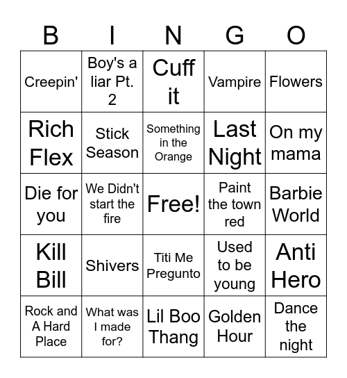 2023 hits Bingo Card