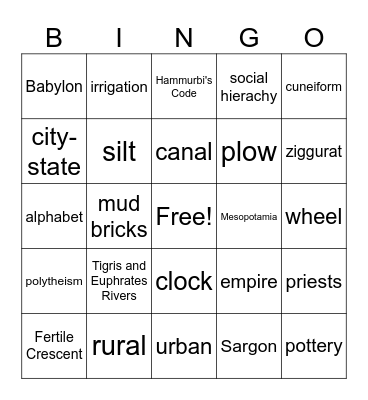 Mesopotamia Bingo Card