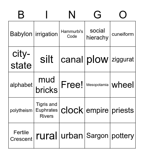 Mesopotamia Bingo Card