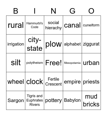 Mesopotamia Bingo Card
