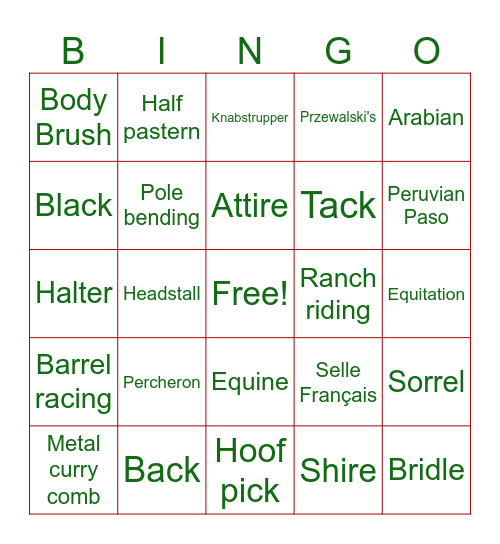 Horse Bingo Card