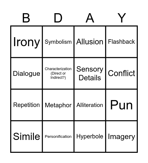 Taylor Swift Literary Terms Bingo Card