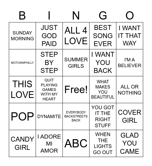 HAPPY BIRTHDAY DANIELLE BOY BAND HITS Bingo Card