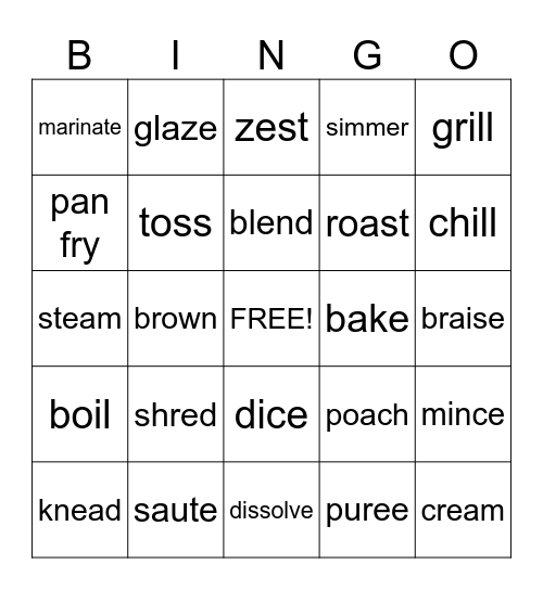 Cooking Terms Bingo Card