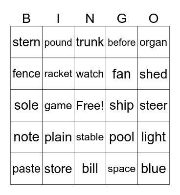 Homonyms Bingo Card