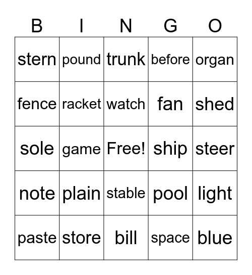 Homonyms Bingo Card